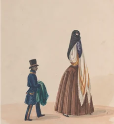 Uma mulher elegantemente vestida e sua página, de um grupo de desenhos representando o peruano..., ca. 1848.