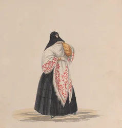 Uma mulher elegantemente vestida, de um grupo de desenhos representando trajes peruanos, ca. 1848.