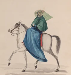 Uma mulher elegantemente vestida a cavalo, de um grupo de desenhos representando o Peru..., ca. 1848.