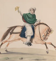 Uma mulher elegantemente vestida a cavalo, de um grupo de desenhos representando o Peru..., ca. 1848.