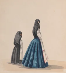 Duas mulheres usando o saya visto de perfil, de um grupo de desenhos retratando..., ca. 1848.