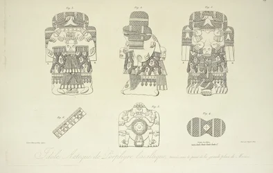 Ídolo Asteca de Porfírio Basáltico, encontrado sob a Grande Praça da Cidade do México, gravado por Cloquet, ilustração de &39;Imagens das Cordilheiras e Monumentos dos Povos Indígenas da América&39;, de Alexander von Humboldt e Aime Bonpland