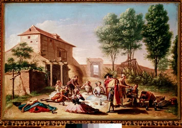Almoço no campo: jovens da burguesia fazendo um piquenique. Pintura de Francisco Bayeu y Subias