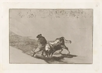 El diestr?smo estudiante de Falces, embozado burla al toro con sus quiebros (O Muito hábil aluno de Falces, Embrulhado no seu Cabo, Truques o Touro com o Jogo do seu Corpo), Placa 14 de La tauromaquia