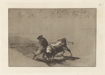 El diestr?smo estudiante de Falces, embozado burla al toro con sus quiebros (O Muito hábil aluno de Falces, Embrulhado no seu Cabo, Truques o Touro com o Jogo do seu Corpo), Placa 14 de La tauromaquia
