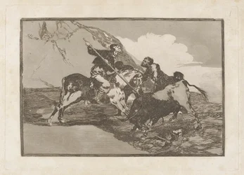 Modo con que los antiguos espa?oles cazaban los toros ? caballo en el campo (O Caminho em que os Antigos Espanhóis Caçavam Touros a Cavalo no Campo Aberto), Placa 1 de La tauromaquia