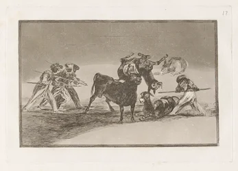 Os mouros usam burros como barreira para se defenderem do touro com bolas nas pontas dos cornos, prancha 17 de A tauromaquia