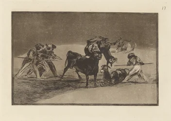 Os mouros usam burros como barreira para se defenderem do touro cujos chifres foram cobertos com bolas, estampa 17 de A arte da tauromaquia