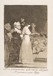 Ilustração 2 de Los Caprichos: Eles dizem que sim e entregam a mão ao primeiro a chegar El si ..., 1799.