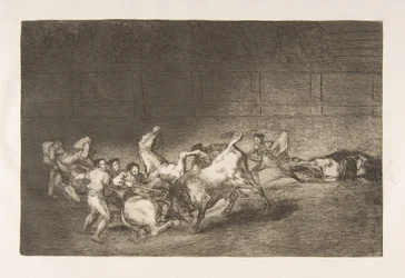 Ilustração 32 do Tauromaquia: Duas equipes de picadores lançadas uma após a outra por um canto ..., 1816.