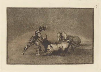 Um cavaleiro espanhol mata o touro depois de ter perdido seu cavalo (Um cavaleiro espanhol mata o touro depois de ter perdido seu cavalo), Placa 9 de La tauromaquia
