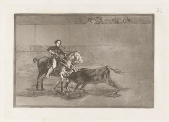 Valor manil de la c?lebre Pajuelera en la de Zaragoza (Coragem viril da celebrada Pajuelera em [o Anel] em Saragoça), Placa 22 de La tauromaquia