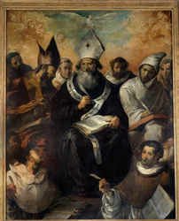 São Basílio ditando sua doutrina São Basílio de Cesaree ou Basílio o Grande (330-379), monge, eveque de Cesaree de Capadócia, doutor da Igreja. Pintura de Francisco Herrera (1585-1657) (ec.esp.) 1639 Sol. 2,43x1,94 m