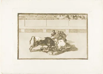 Um Picador é Desmontado e Cai sob o Touro, placa 26 de The Art of Bullfighting