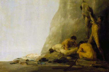 Canibais preparando suas vítimas, ou Os corpos de Jean de Brebeuf e Gabriel Lallemant sendo esfolados pelos iroqueses em 1649, c.1800-08 (óleo sobre painel)