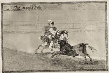 Um cavaleiro espanhol montado na arena quebra lanças curtas sem a ajuda de assistentes. 1816. Espanha. Madrid (Comunidade Autónoma). Madrid. Biblioteca Nacional