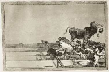 Acontecimentos terríveis nas primeiras filas da arena de Madrid e a morte do presidente da câmara de Torrejón em 1801. 1816. Estampa 21 de «A Arte da Tauromaquia». Espanha. Madrid (Comunidade Autónoma). Madrid. Biblioteca Nacional