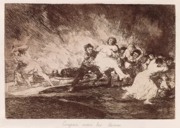 Fogem por entre as chamas. 1810-1812. (16,1 x 23,3 cm). Estampa 47 de «Os Desastres da Guerra». Espanha. Madrid (Comunidade Autónoma). Madrid. Biblioteca Nacional