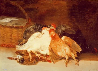Natureza morta com galinhas mortas e uma cesta de vime (óleo sobre tela)