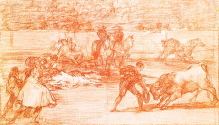 Tauromachie: um toureiro se prepara para lutar em um chapeau no lugar da muleta. Dessin a la sanguine de Francisco de Goya y Lucientes (1746-1828). 1815-1816. Madri. Museu do Prado
