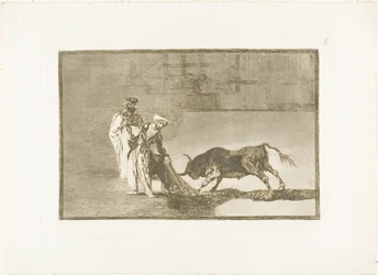 Os mouros fazem uma brincadeira diferente na arena, chamando o touro com os seus albornozes, prancha seis de A arte da tauromaquia