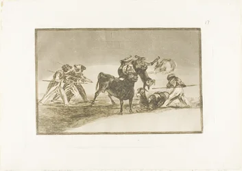 Os mouros usam burros como barreira para se defenderem do touro, cujos cornos foram rematados com bolas, prancha 17 de A Arte da Tauromaquia