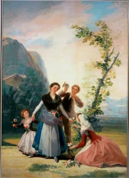 As raparigas das flores, desenho animado para tapeçaria (pintura sobre tela)