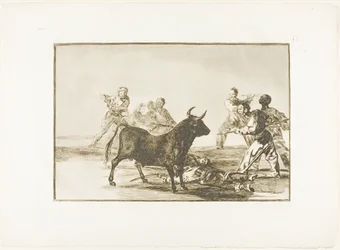 A ralé o touro com lanças, foices, banderillas e outros braços, placa doze de The Art of Bullfighting