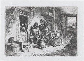 Prancha 10: duas figuras dançando, outra sentada tocando tambor, da série de costumes..., 1850.