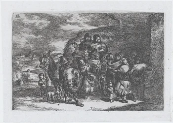 Placa 13: um grupo de pessoas ao ar livre incluindo possivelmente músicos, da série de cust..., 1850.
