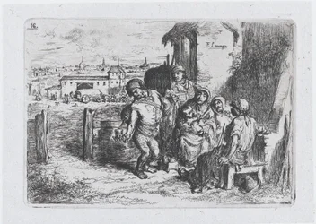 Ilustração 16: um grupo de pessoas ao ar livre, incluindo um homem servindo vinho ou água de um vaso..., 1850.
