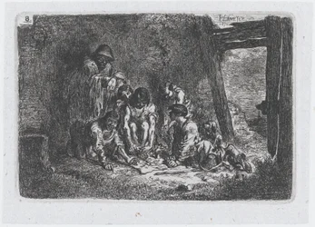 Prancha 8: um grupo de figuras algumas das quais jogam um jogo, da série de costumes e..., 1850.