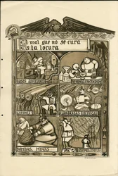 Ilustração de Francisco Sancha Lengo (1874-1936) - Flying leaf, circa 1915 - El mal que no se cura es la locura - Guerra de 14 -18, Alemanha Prússia, gás asfixiante, língua espanhola, imprensa estrangeira