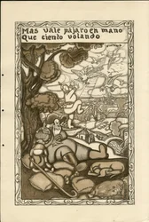 Ilustração de Francisco Sancha Lengo (1874-1936) - Folha voadora, ca. 1915 - Mas vale pajaro en mano que ciento volando - Guerra de 14 -18, Alemanha Prússia, Belligerantes e símbolos, Vitória, Paz, língua espanhola, Imprensa estrangeira