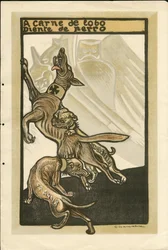 Ilustração de Francisco Sancha Lengo (1874-1936) - Flying leaf, circa 1915 - A carne de lobo diente de perro - Guerra de 14-18, Alemanha Prússia, Inglaterra Grã-Bretanha, Belligerantes e símbolos, França, língua espanhola, Imprensa Estrangeira - William II