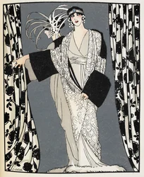 Blanc et noir. Uma mulher usando um traje desenhado em 1855 por John Redfern, ilustração de "La Gazette du Bon Ton"
