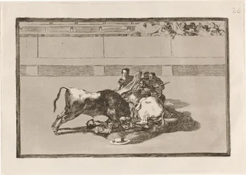 Queda de um picador de seu cavalo abaixo do touro (Um Picador é Desmontado e Cai sob o Touro)