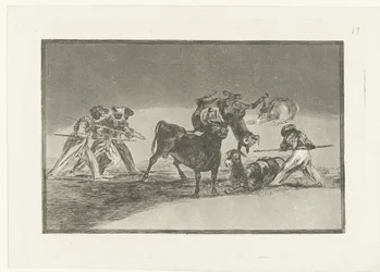 Mouros e burros em luta com um touro; Arena dos Mouros feita com burros para se defenderem do touro com os chifres almofadados (título no objeto); Tauromaquia (título da série)
