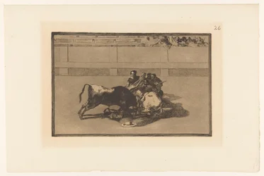 Picador caiu do cavalo Caida de un picador de su caballo debajo del toro Touradas (título da série) La Taureaumachie (título da série) La Tauromaquia (título da série)