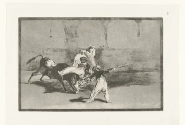 Touro é agarrado por toureiros Cogida de un Moro permanecer em la plaza Tourada (título da série) La Tauromaquia (título da série)