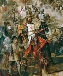 Reconquista de Espanha: batalha de Las Navas de Tolosa em 16/07/1212 entre o exército cristão e o exército dos mouros. Pormenor com o rei Afonso VIII. Pintura de Francisco de Paula Van Halen (1810-1887), 1864, Madrid, Palácio do Senado