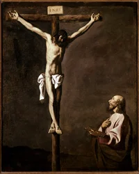 Crucificação e autorretrato do artista no papel de São Lucas aos pés da cruz. Pintura de Francisco de Zurbarán (1598-1664), 1635-1640, 105x84 cm, Madrid, Museu do Prado