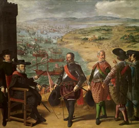 A defesa de Cádis (Espanha) contra os ingleses. As tropas inglesas apreenderam a Torre de Cádiz em 1 de novembro de 1625, a fim de interceptar o ouro e a prata provenientes da América. A figura sentada é Fernando Giron, governador da cidade.