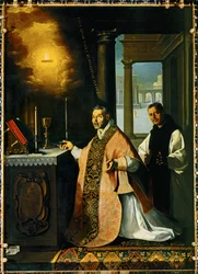 O padre Cabanuelas de Toledo celebrando a Santa Missa em 1420 ... (pintura sobre tela)