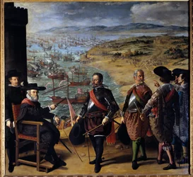 A defesa de Cádis (Cádis, Espanha) contra os ingleses. As tropas inglesas tomaram a Torre de Cádiz em 1 de novembro de 1625 para interceptar ouro e prata da América. O personagem sentado é Fernando Giron, governador da cidade, armadilhas na torre di