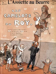 Crianças a detronar um busto de Marianne, cantando uma canção irónica a favor do Grupo de Batalha Realista. Ilustração de Francisque Poulbot (1879-1946) Em "o prato com manteiga", a 27/03/1909.