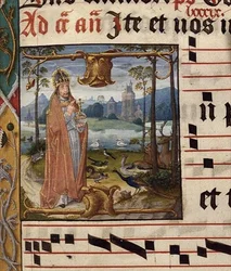 MS.41.f.84r Deus cercado de pássaros e animais, Antífona para Septuagesima (3º domingo antes da Quaresma), c.1490-1500 (vellum)