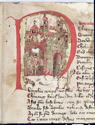 Ms Est 27 W 8.17 f.1r Inicial Historiada representando Átila, o Huno (c.406-453) queimando a cidade de Áquila da Guerra de Átila por Nicola da Casola