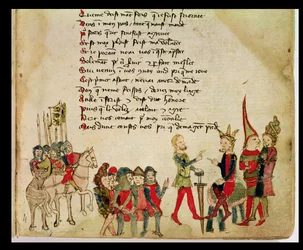 Ms Est 27 W 8.17 f.4r Átila, o Huno (c.406-453) em discussão com um de seus guerreiros, da Guerra de Átila por Nicola da Casola