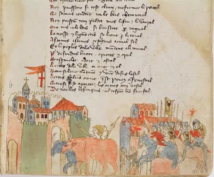 Ms Est 27 W 8.17 f.6r Camponeses que entram em uma cidade com seu gado e a chegada do exército de Átilas, da Guerra de Átila por Nicola da Casola